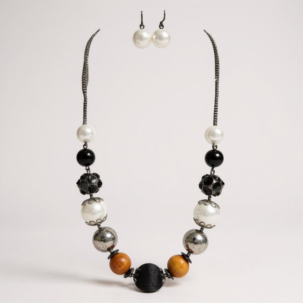 Black, white And Wood Mix Bead Burnish Link Necklace With Matching Earring Set